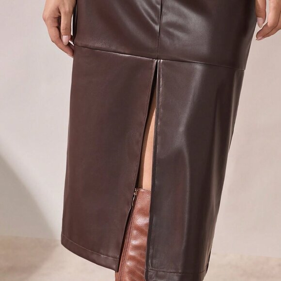Brown Casual Women's Elegant A-Line Split Hem faux leather Skirt - Picture 6 of 8